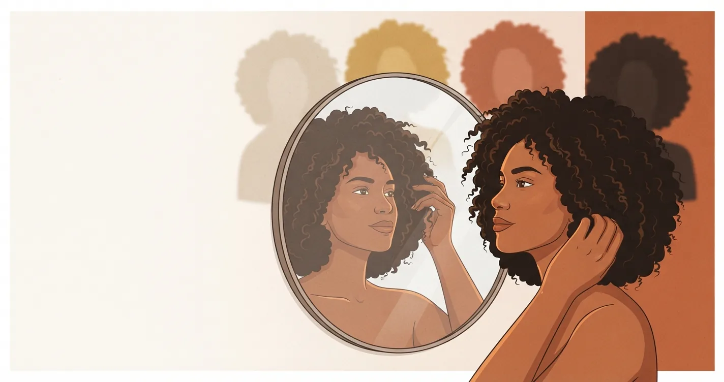 Ilustração de uma mulher parda de cabelo cacheado se olhando no espelho, com silhuetas em diferentes tons de pele ao fundo, representando o colorismo no Brasil