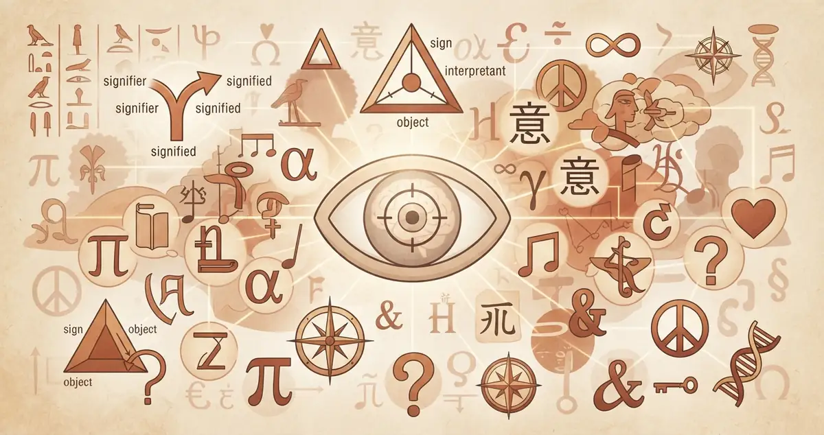 Ilustração em tons de terracota com signos, letras e símbolos ao redor de um olho, representando o que é semiótica